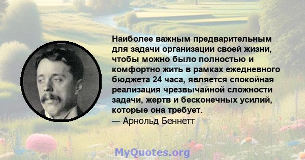 Наиболее важным предварительным для задачи организации своей жизни, чтобы можно было полностью и комфортно жить в рамках ежедневного бюджета 24 часа, является спокойная реализация чрезвычайной сложности задачи, жертв и