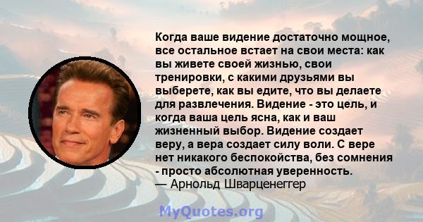 Когда ваше видение достаточно мощное, все остальное встает на свои места: как вы живете своей жизнью, свои тренировки, с какими друзьями вы выберете, как вы едите, что вы делаете для развлечения. Видение - это цель, и