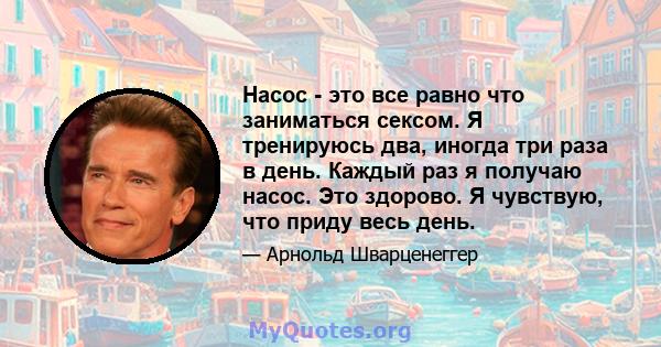 Насос - это все равно что заниматься сексом. Я тренируюсь два, иногда три раза в день. Каждый раз я получаю насос. Это здорово. Я чувствую, что приду весь день.