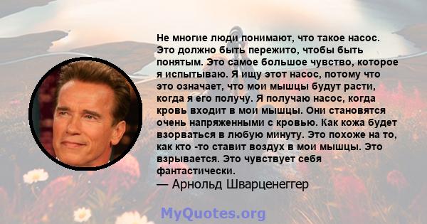 Не многие люди понимают, что такое насос. Это должно быть пережито, чтобы быть понятым. Это самое большое чувство, которое я испытываю. Я ищу этот насос, потому что это означает, что мои мышцы будут расти, когда я его