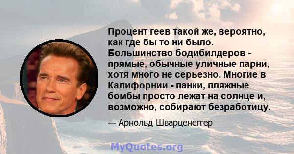 Процент геев такой же, вероятно, как где бы то ни было. Большинство бодибилдеров - прямые, обычные уличные парни, хотя много не серьезно. Многие в Калифорнии - панки, пляжные бомбы просто лежат на солнце и, возможно,