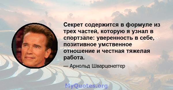 Секрет содержится в формуле из трех частей, которую я узнал в спортзале: уверенность в себе, позитивное умственное отношение и честная тяжелая работа.