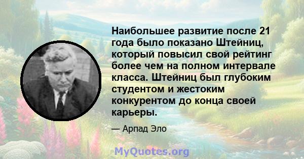 Наибольшее развитие после 21 года было показано Штейниц, который повысил свой рейтинг более чем на полном интервале класса. Штейниц был глубоким студентом и жестоким конкурентом до конца своей карьеры.