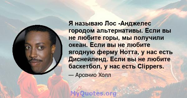 Я называю Лос -Анджелес городом альтернативы. Если вы не любите горы, мы получили океан. Если вы не любите ягодную ферму Нотта, у нас есть Диснейленд. Если вы не любите баскетбол, у нас есть Clippers.