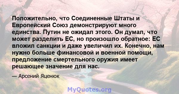 Положительно, что Соединенные Штаты и Европейский Союз демонстрируют много единства. Путин не ожидал этого. Он думал, что может разделить ЕС, но произошло обратное: ЕС вложил санкции и даже увеличил их. Конечно, нам