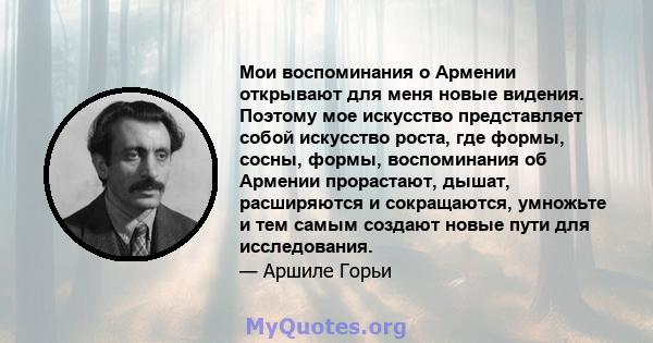 Мои воспоминания о Армении открывают для меня новые видения. Поэтому мое искусство представляет собой искусство роста, где формы, сосны, формы, воспоминания об Армении прорастают, дышат, расширяются и сокращаются,