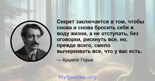 Секрет заключается в том, чтобы снова и снова бросить себя в воду жизни, а не отступать, без оговорки, рискнуть все, но, прежде всего, смело вычеркивать все, что у вас есть.