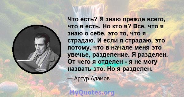 Что есть? Я знаю прежде всего, что я есть. Но кто я? Все, что я знаю о себе, это то, что я страдаю. И если я страдаю, это потому, что в начале меня это увечье, разделение. Я разделен. От чего я отделен - я не могу