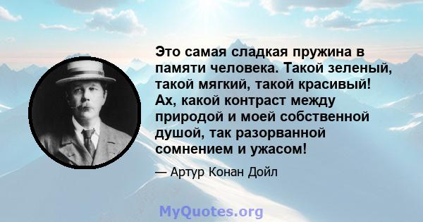 Это самая сладкая пружина в памяти человека. Такой зеленый, такой мягкий, такой красивый! Ах, какой контраст между природой и моей собственной душой, так разорванной сомнением и ужасом!