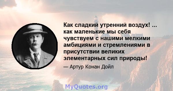 Как сладкий утренний воздух! ... как маленькие мы себя чувствуем с нашими мелкими амбициями и стремлениями в присутствии великих элементарных сил природы!