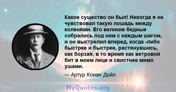 Какое существо он был! Никогда я не чувствовал такую ​​лошадь между коленями. Его великие бедные собрались под ним с каждым шагом, и он выстрелил вперед, когда -либо быстрее и быстрее, растянувшись, как борзая, в то