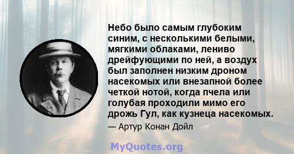 Небо было самым глубоким синим, с несколькими белыми, мягкими облаками, лениво дрейфующими по ней, а воздух был заполнен низким дроном насекомых или внезапной более четкой нотой, когда пчела или голубая проходили мимо