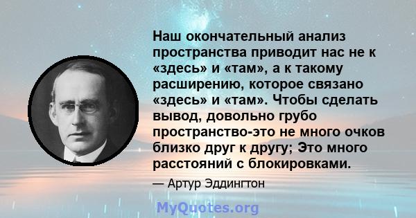 Наш окончательный анализ пространства приводит нас не к «здесь» и «там», а к такому расширению, которое связано «здесь» и «там». Чтобы сделать вывод, довольно грубо пространство-это не много очков близко друг к другу;