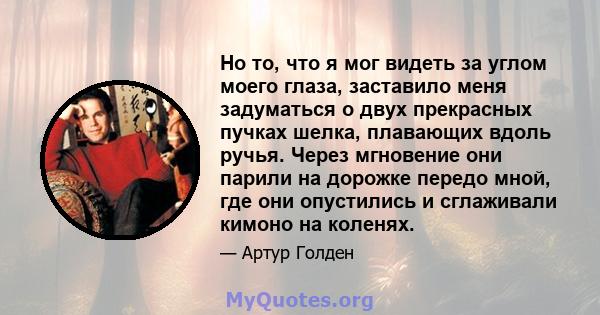 Но то, что я мог видеть за углом моего глаза, заставило меня задуматься о двух прекрасных пучках шелка, плавающих вдоль ручья. Через мгновение они парили на дорожке передо мной, где они опустились и сглаживали кимоно на 