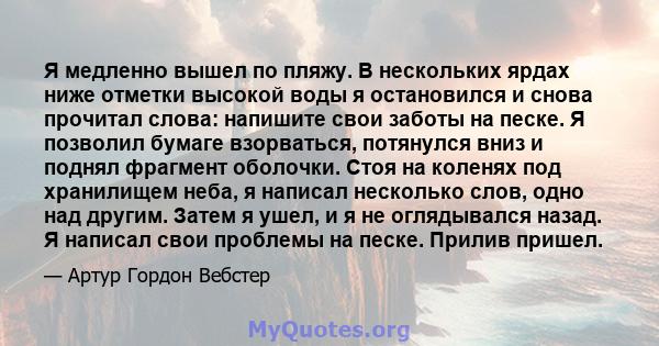 Я медленно вышел по пляжу. В нескольких ярдах ниже отметки высокой воды я остановился и снова прочитал слова: напишите свои заботы на песке. Я позволил бумаге взорваться, потянулся вниз и поднял фрагмент оболочки. Стоя