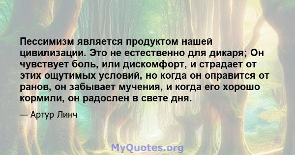 Пессимизм является продуктом нашей цивилизации. Это не естественно для дикаря; Он чувствует боль, или дискомфорт, и страдает от этих ощутимых условий, но когда он оправится от ранов, он забывает мучения, и когда его