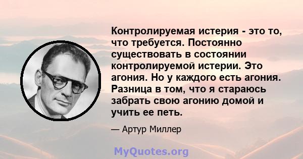 Контролируемая истерия - это то, что требуется. Постоянно существовать в состоянии контролируемой истерии. Это агония. Но у каждого есть агония. Разница в том, что я стараюсь забрать свою агонию домой и учить ее петь.