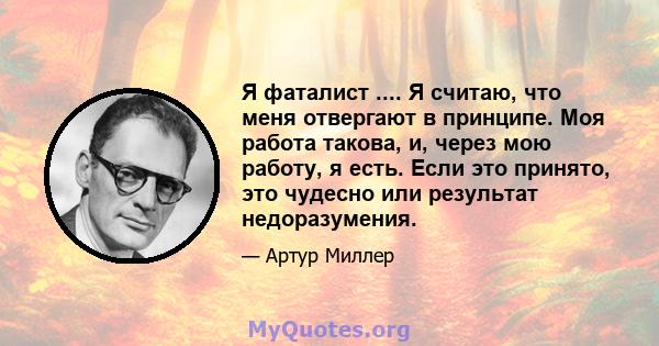 Я фаталист .... Я считаю, что меня отвергают в принципе. Моя работа такова, и, через мою работу, я есть. Если это принято, это чудесно или результат недоразумения.