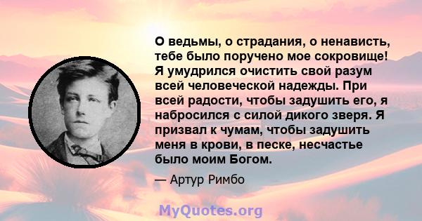 О ведьмы, о страдания, о ненависть, тебе было поручено мое сокровище! Я умудрился очистить свой разум всей человеческой надежды. При всей радости, чтобы задушить его, я набросился с силой дикого зверя. Я призвал к