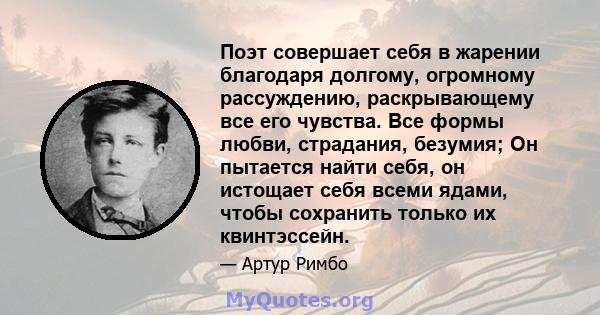 Поэт совершает себя в жарении благодаря долгому, огромному рассуждению, раскрывающему все его чувства. Все формы любви, страдания, безумия; Он пытается найти себя, он истощает себя всеми ядами, чтобы сохранить только их 