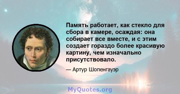 Память работает, как стекло для сбора в камере, осаждая: она собирает все вместе, и с этим создает гораздо более красивую картину, чем изначально присутствовало.