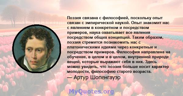 Поэзия связана с философией, поскольку опыт связан с эмпирической наукой. Опыт знакомит нас с явлением в конкретном и посредством примеров, наука охватывает все явления посредством общих концепций. Таким образом, поэзия 