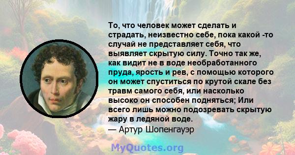 То, что человек может сделать и страдать, неизвестно себе, пока какой -то случай не представляет себя, что выявляет скрытую силу. Точно так же, как видит не в воде необработанного пруда, ярость и рев, с помощью которого 