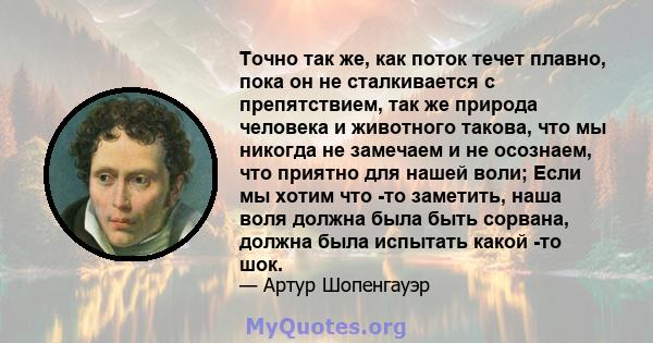 Точно так же, как поток течет плавно, пока он не сталкивается с препятствием, так же природа человека и животного такова, что мы никогда не замечаем и не осознаем, что приятно для нашей воли; Если мы хотим что -то