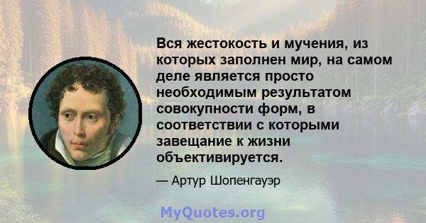 Вся жестокость и мучения, из которых заполнен мир, на самом деле является просто необходимым результатом совокупности форм, в соответствии с которыми завещание к жизни объективируется.