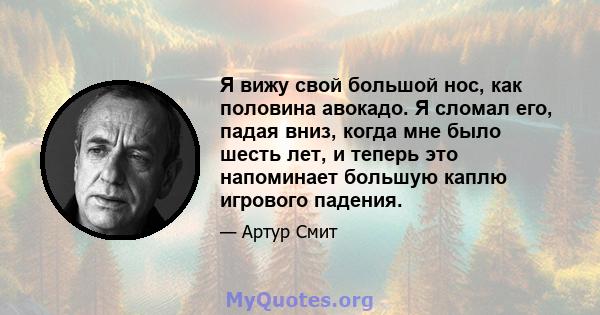 Я вижу свой большой нос, как половина авокадо. Я сломал его, падая вниз, когда мне было шесть лет, и теперь это напоминает большую каплю игрового падения.