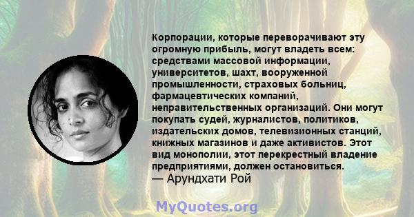 Корпорации, которые переворачивают эту огромную прибыль, могут владеть всем: средствами массовой информации, университетов, шахт, вооруженной промышленности, страховых больниц, фармацевтических компаний,