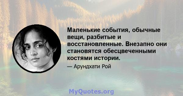 Маленькие события, обычные вещи, разбитые и восстановленные. Внезапно они становятся обесцвеченными костями истории.