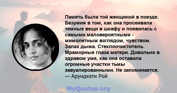 Память была той женщиной в поезде. Безумия в том, как она просеивала темные вещи в шкафу и появилась с самыми маловероятными - мимолетным взглядом, чувством. Запах дыма. Стеклоочиститель. Мраморные глаза матери.