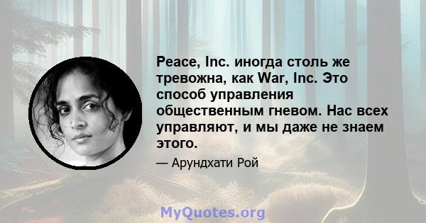 Peace, Inc. иногда столь же тревожна, как War, Inc. Это способ управления общественным гневом. Нас всех управляют, и мы даже не знаем этого.