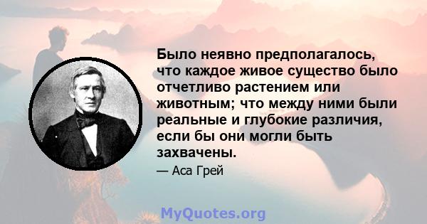 Было неявно предполагалось, что каждое живое существо было отчетливо растением или животным; что между ними были реальные и глубокие различия, если бы они могли быть захвачены.