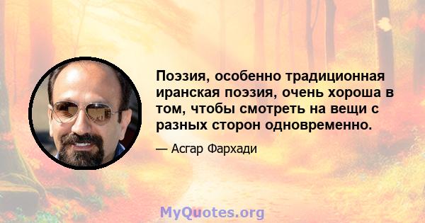 Поэзия, особенно традиционная иранская поэзия, очень хороша в том, чтобы смотреть на вещи с разных сторон одновременно.