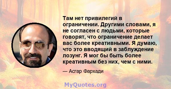 Там нет привилегий в ограничении. Другими словами, я не согласен с людьми, которые говорят, что ограничение делает вас более креативными. Я думаю, что это вводящий в заблуждение лозунг. Я мог бы быть более креативным