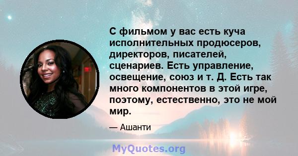 С фильмом у вас есть куча исполнительных продюсеров, директоров, писателей, сценариев. Есть управление, освещение, союз и т. Д. Есть так много компонентов в этой игре, поэтому, естественно, это не мой мир.