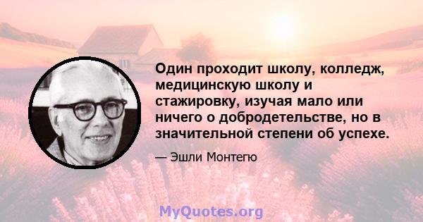 Один проходит школу, колледж, медицинскую школу и стажировку, изучая мало или ничего о добродетельстве, но в значительной степени об успехе.