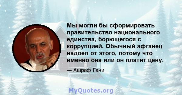 Мы могли бы сформировать правительство национального единства, борющегося с коррупцией. Обычный афганец надоел от этого, потому что именно она или он платит цену.