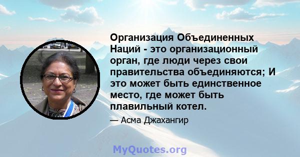 Организация Объединенных Наций - это организационный орган, где люди через свои правительства объединяются; И это может быть единственное место, где может быть плавильный котел.