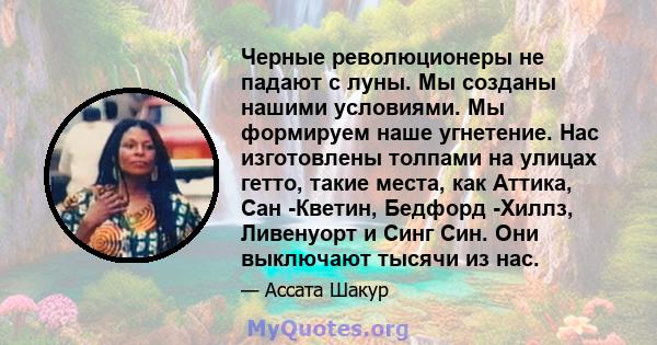 Черные революционеры не падают с луны. Мы созданы нашими условиями. Мы формируем наше угнетение. Нас изготовлены толпами на улицах гетто, такие места, как Аттика, Сан -Кветин, Бедфорд -Хиллз, Ливенуорт и Синг Син. Они