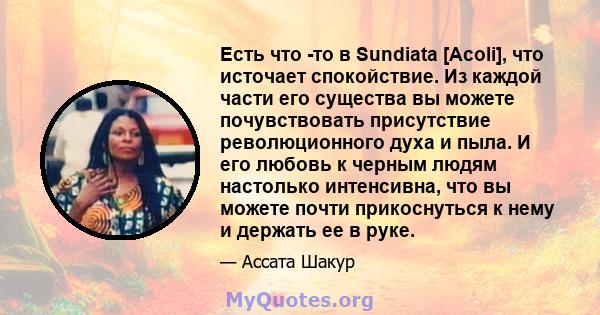 Есть что -то в Sundiata [Acoli], что источает спокойствие. Из каждой части его существа вы можете почувствовать присутствие революционного духа и пыла. И его любовь к черным людям настолько интенсивна, что вы можете