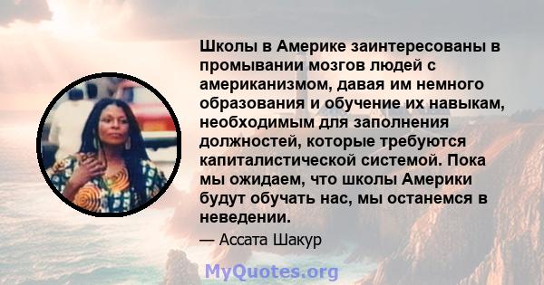 Школы в Америке заинтересованы в промывании мозгов людей с американизмом, давая им немного образования и обучение их навыкам, необходимым для заполнения должностей, которые требуются капиталистической системой. Пока мы