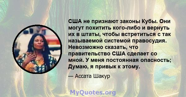 США не признают законы Кубы. Они могут похитить кого-либо и вернуть их в штаты, чтобы встретиться с так называемой системой правосудия. Невозможно сказать, что правительство США сделает со мной. У меня постоянная