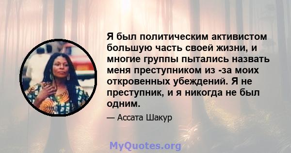 Я был политическим активистом большую часть своей жизни, и многие группы пытались назвать меня преступником из -за моих откровенных убеждений. Я не преступник, и я никогда не был одним.