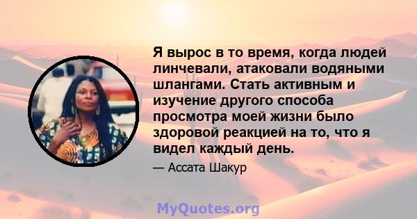 Я вырос в то время, когда людей линчевали, атаковали водяными шлангами. Стать активным и изучение другого способа просмотра моей жизни было здоровой реакцией на то, что я видел каждый день.