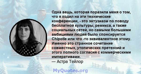 Одна вещь, которая поразила меня о том, что я ходил на эти технические конференции, - это энтузиазм по поводу бесплатной культуры, ремикса, а также социальных сетей, но самыми большими амбициями людей было спонсируется