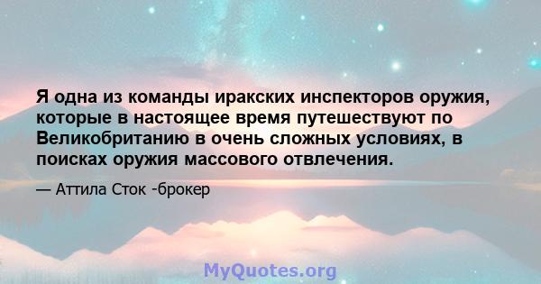 Я одна из команды иракских инспекторов оружия, которые в настоящее время путешествуют по Великобританию в очень сложных условиях, в поисках оружия массового отвлечения.