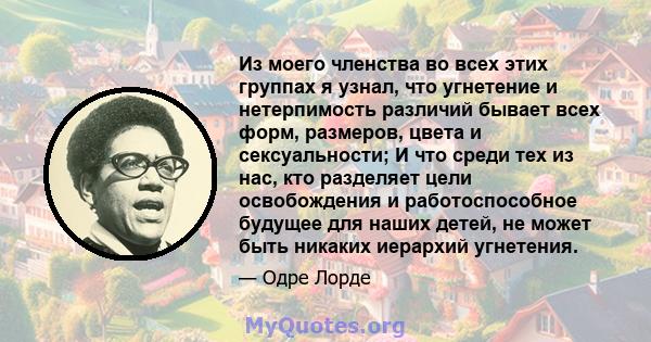 Из моего членства во всех этих группах я узнал, что угнетение и нетерпимость различий бывает всех форм, размеров, цвета и сексуальности; И что среди тех из нас, кто разделяет цели освобождения и работоспособное будущее